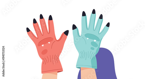 Pair of playful monster claw gloves in red and light blue colors are displayed with long black nails for a creative costume design.