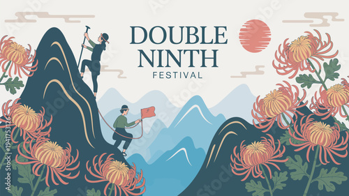 A vibrant illustration of the Double Ninth Festival with people climbing mountains and flowers in bloom