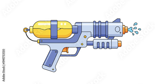 Light blue and yellow toy water gun shoots a burst of water droplets in a fun and colorful summer illustration for kids play.