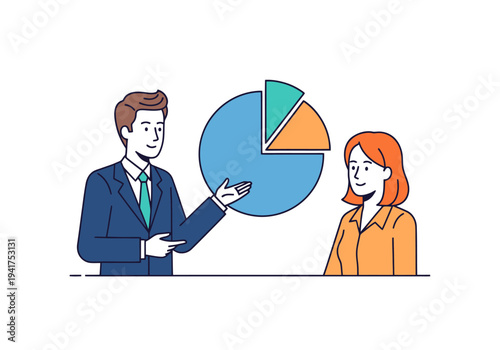 Business presentation featuring two individuals analyzing a financial pie chart representing market share and data analysis for improved performance