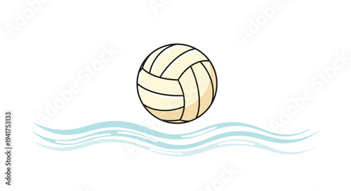 Classic volleyball is shown floating above stylized light blue water waves in a clean sports illustration for summer themes.