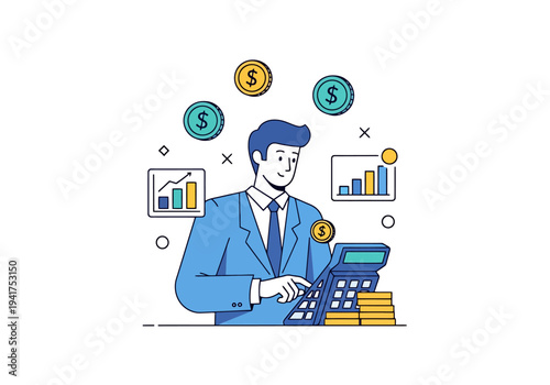 Professional accountant in a business suit calculating financial data with coins and charts focusing on growth and revenue to manage the budget