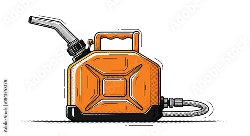 Industrial orange gas can with a silver flexible spout and hose is shown in a technical drawing style on a clean white background.