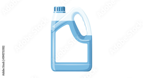 Large transparent blue plastic jug with a handle and white label is filled with liquid soap or cleaning detergent for household.
