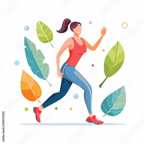 Young woman jogging outdoors surrounded by vibrant green leaves and soft pastel colored natural elements