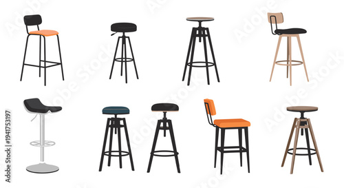 Collection of different bar stool designs including modern industrial and classic wooden styles for interior decor.