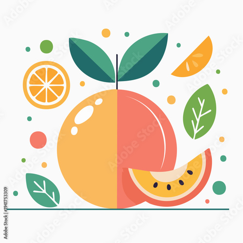 Vibrant Citrus Fruits Illustration with Leaves and Dots, Refreshing Summer Vibes