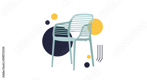 Modern outdoor patio chair with a slatted plastic design shown on an abstract background with colorful circles.
