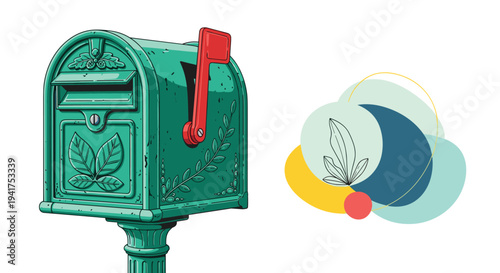 Vintage green metal mailbox with an ornate leaf design and a red flag shown next to abstract decorative elements.