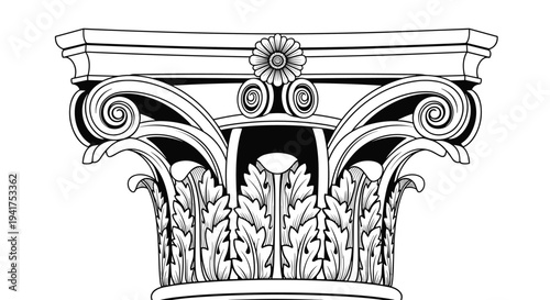 Detailed black and white architectural drawing of an ornate Corinthian column capital with acanthus leaf carvings.