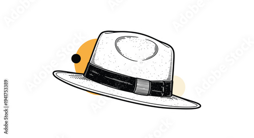 Classic fedora hat illustration with a black ribbon band shown on a decorative abstract background with orange dots.