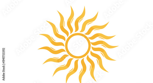 Stylized yellow sun icon with wavy flaming rays radiating from a central circle isolated on a white background.