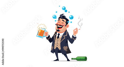 Humorous cartoon of a man in a formal tuxedo suit laughing while holding a large mug of beer and a cigarette.