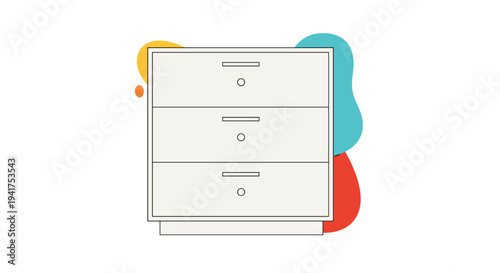 Three drawer office filing cabinet illustration in a minimalist style with colorful abstract shapes in the background.
