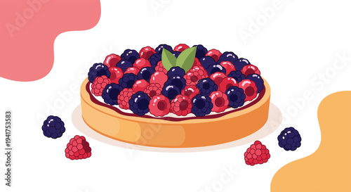 Gourmet mixed berry tart with raspberries blueberries and blackberries on a pastry crust with fresh green leaves.