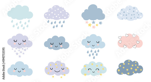 Set of various cute clouds with smiling faces rain drops stars and hearts perfect for nursery room decorations.