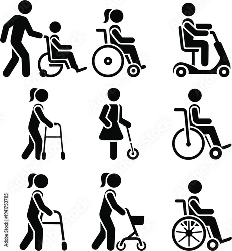 Icons depicting people with mobility aids and disabilities in various scenarios