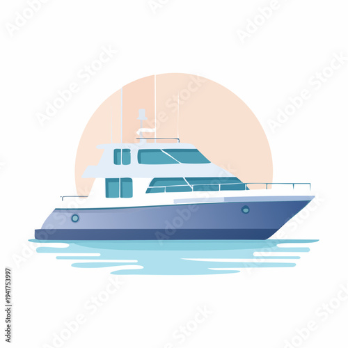 Luxury Motor Yacht Cruising on Calm Water under a Soft Sunset Sky