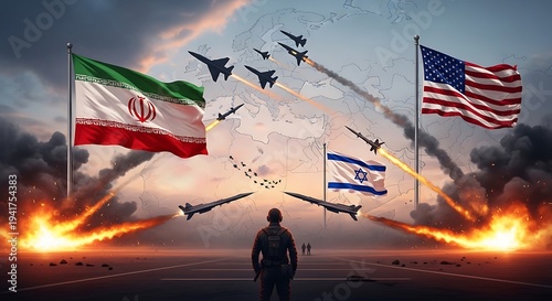 iran vs usa and israel. global geopolitical tension concept with iran vs israel and united states flag and missiles. 