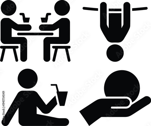 Four icons representing social interaction, communication, and service activities