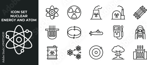 Comprehensive collection of outline vector icons depicting nuclear energy, atomic structure, scientific research, and related industrial technology concepts