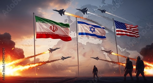 iran vs usa and israel. global geopolitical tension concept with iran vs israel and united states flag and missiles. 