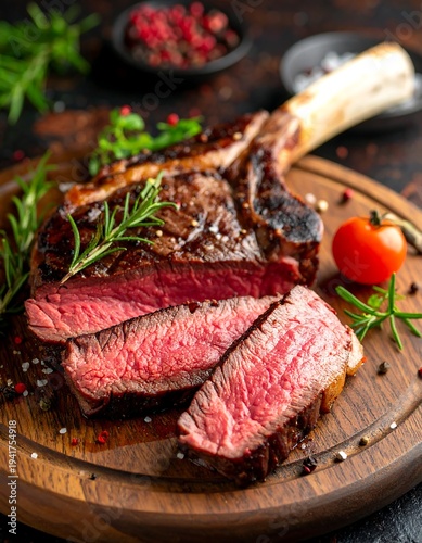 Sliced steak on a wood board with rosemary, tomato, pepper