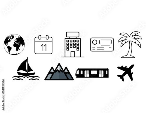 Travel Icon Set – Globe, Calendar, Hotel, Transportation, and Destination Symbols