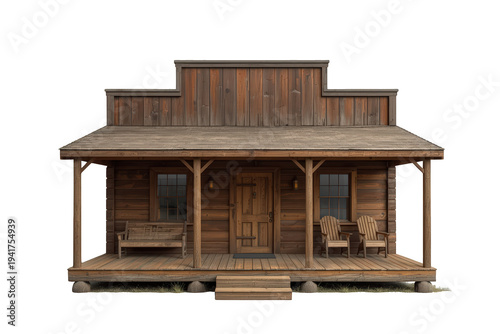 Wild west rustic saloon or frontier log cabin building with porch and step on transparent background