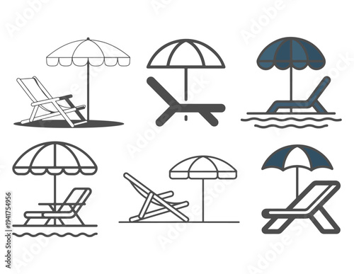 Beach Icon Set – Lounge Chair and Umbrella Vacation Symbols