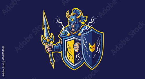 Blue Knight Illustration with Shields and Spear.