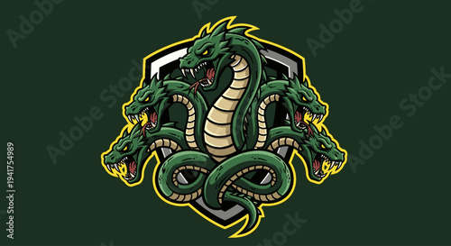 Green Dragon Illustration with Multiple Heads.