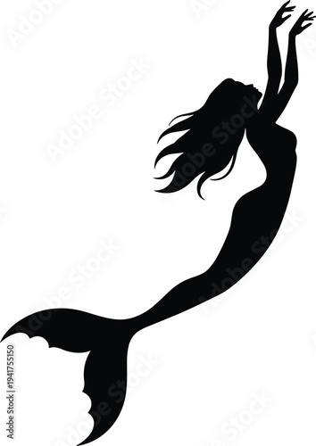 Elegant black silhouette of mythical mermaid swimming gracefully with long flowing hair and detailed tail fin, fantasy sea creature illustration for folklore, decorative, and storytelling design.