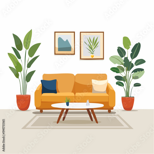 Modern and cozy living room interior with comfortable yellow sofa, green potted plants, and stylish decorations