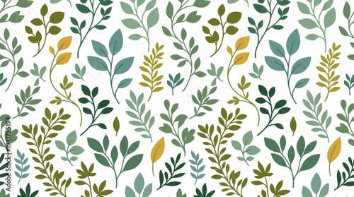 Seamless botanical leaf pattern featuring blue green and yellow foliage.