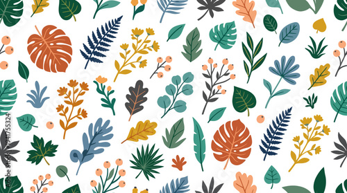 Colorful botanical leaf pattern with assorted foliage on white background for design.