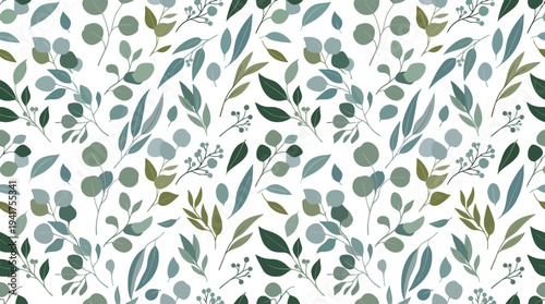Calm botanical leaf pattern in green and blue hues for seamless wallpaper and decor designs.