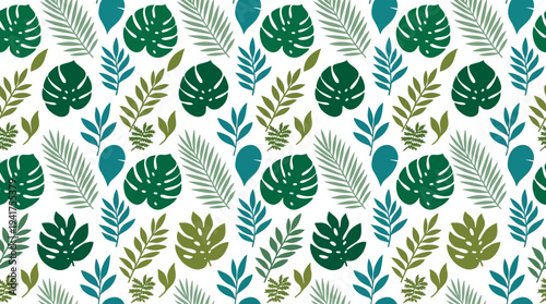 Repeated tropical leaf pattern featuring monstera and palm leaves in blue green and olive tones for decorative design.