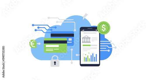 Secure Mobile Banking and Digital Payment System in Cloud Technology. FinTech, Online Transaction Security, and Financial Data Illustration.