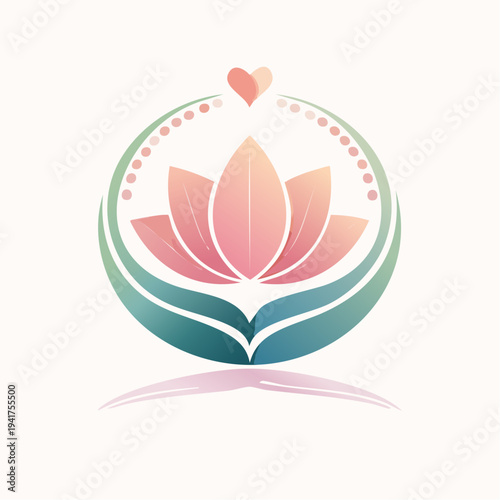 Lotus Flower Logo with Heart and Leaves Symbolizing Peace and Serenity