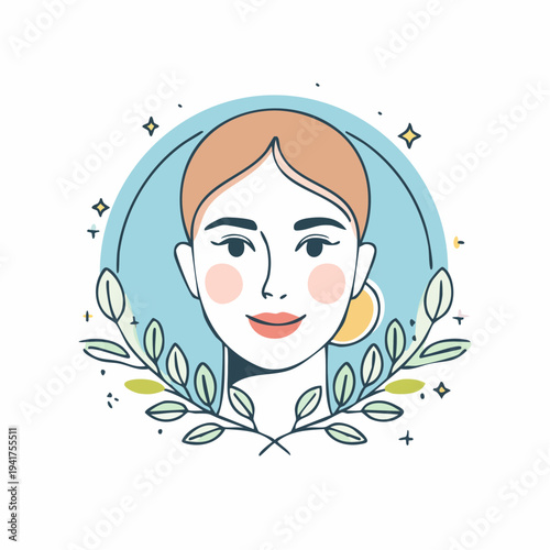 Beautiful Woman's Face with Laurel Wreath and Sparkles, Emblem of Beauty and Grace