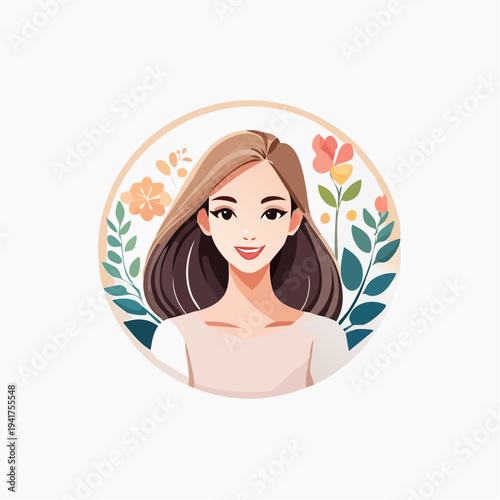 Charming illustrated portrait of a beautiful woman encircled by whimsical flowers, symbolizing natural elegance