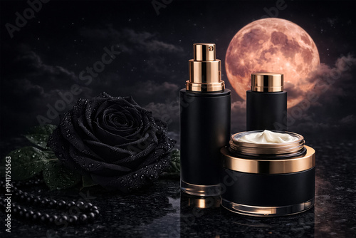 Black roses against a backdrop of studio-style skincare product displays; unlabeled lotions and creams in black and pink gold tones. Big moon in the dark night theme