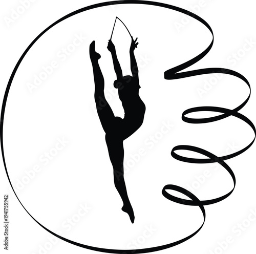 Elegant silhouette of rhythmic gymnast performing dynamic leap with flowing ribbon spiral, showcasing 