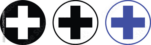 Three variations of a cross symbol inside different colored circles