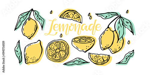 Fresh lemon collection in modern line art style. Vector set featuring whole lemons, lemon halves, slices, and green leaves with Lemonade handwritten lettering for juice bars, organic food, farm market