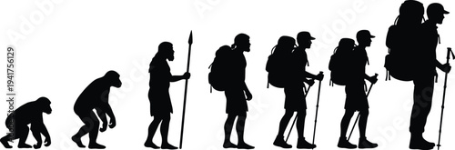 Evolution of man to modern hiker silhouette illustration showing progression from primate to trekking adventurer with backpack and poles, symbolizing outdoor exploration culture