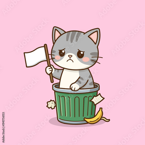 A playful vector illustration of a cat mascot sitting inside a trash can while waving a white flag as a sign of surrender, expressing a humorous plea to be adopted.