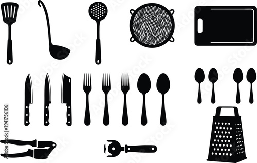 Essential kitchen utensils and cooking tools black silhouette set including knives, forks, spoons, spatula, ladle, grater, cutting board, colander, garlic press, can opener illustration