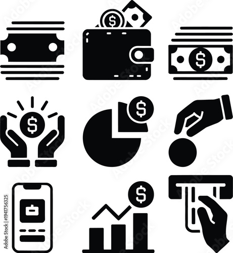 Various icons representing different aspects of financial transactions and management